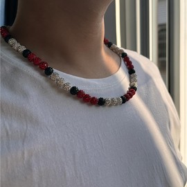 RIJXU Baseball Necklace 16in/19in/22in Glitter Rhinestone Clay Beaded Necklace for Men Boys Cool Gifts for Baseball Players Lovers, 16in, Clay, Rhinestone, Rhinestone, Red+Black