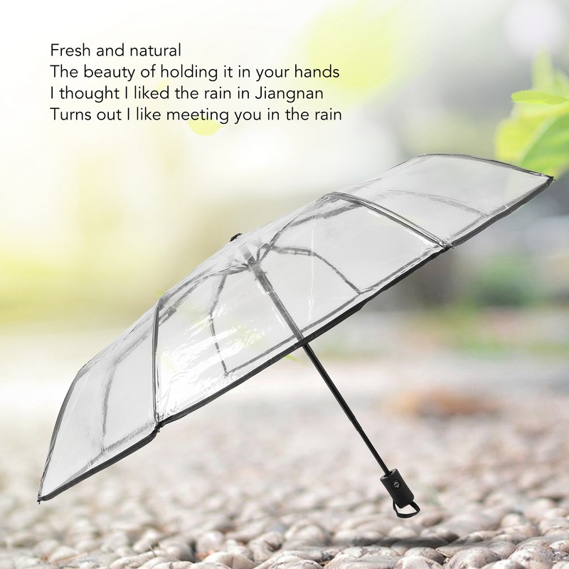 Clear Automatic Foldable Umbrella 8 Ribs 3 Folding Black Edging
