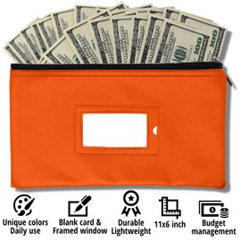 Money Bank Deposit Bag with Zipper | 11x6 inch | Orange | Durable Leatherette Money Cash Coin Check Wallet Pouch for Men & Women with Framed ID Window and Blank Card | by GIDABRAND (3)