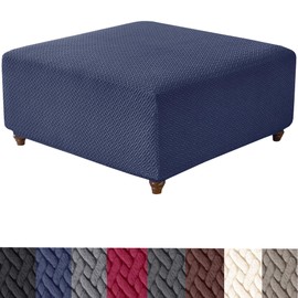 HFCNMY Ottoman Cover Square,Stretch Knitted Jacquard Square Ottoman Cover Thick Ottoman Slipcover Square Washable Storage Ottoman Cover Foot Stool Cover with Elastic Bottom Blue Large