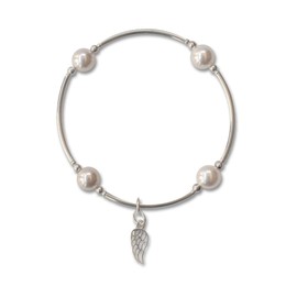 Made As Intended Smaller Bead White Pearl Blessing Bracelet with Sterling Angel Wing Charm, Regular Size