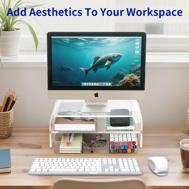 OPNICE Acrylic Clear Desk Organizers and Accessories, 2-Tier Computer Monitor
