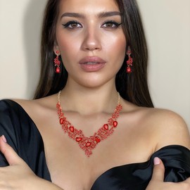 Ever Faith Women's Wedding Jewelry Sets Red Rhinestone Crystal Floral Leaf Vine Teardrop Necklace Dangle Drop Earrings Set for Brides Bridal Gold-Tone