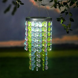 Hanging Solar Lantern Outdoor, 2 Tiers 21” Solar Multicolor Acrylic Beaded Chandelier with Cool White LED S Hooks for Garden Yard Patio Gazebo Outside Decor