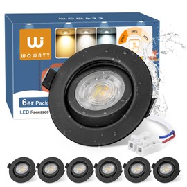 wowatt 6 LED Recessed Spotlights 230 V Black 3 Levels Dimmable 6 W LED Spotlights 230 V Swivelling 3000 K Warm White 4000 K Neutral White 6000 K Cool White IP44 Spotlights Ceiling Light Flat 68 mm