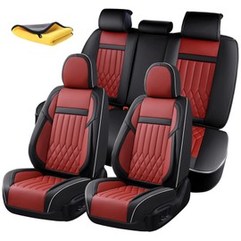 KEYOOG 5-Seater Waterproof and Breathable Nappa Leather Car Seat Covers Full Set, Fit for Front and Rear Seats of Cars, Compatible with Airbags, Car Seat Protector Covers for Most Cars - Black Red
