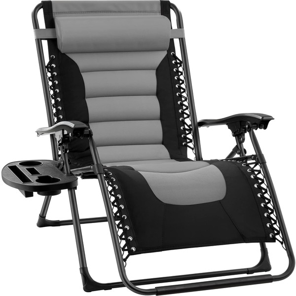 Best Choice Products Oversized Padded Zero Gravity Chair, Folding Outdoor Patio Recliner, XL Anti Gravity Lounger for Backyard w/Headrest, Cup Holder, Side Tray, Polyester Mesh - Gray