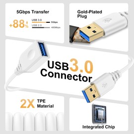 10FT USB Extension Cable for Printer,Mouse,Keyboard,Flash Drive,Camera,Webcam,Hard Drive,USB Hubs,PC,Headset, USB3.0 Extension Cord White USB Male to Female Type A Extender High Speed Data Transfer