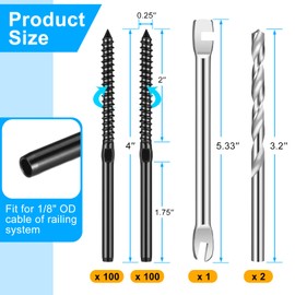 Tandefio 200 Pack Stainless Steel Left and Right Handed Thread Swage Lag Screws for Wood Post of 1/8" Deck Railing Kit Black Cable Railing Stair Deck Railing Kit with Wrench DIY Baluster Kit