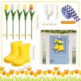 Cinnvoice 20 Pcs Spring DIY Rain Boot Wreath Front Door Hanging Artificial Flower Wreath with White and Yellow Tulips Wave Pattern Ribbon Rain Boot Wreath for Front Door Indoor Outdoor All Seasons