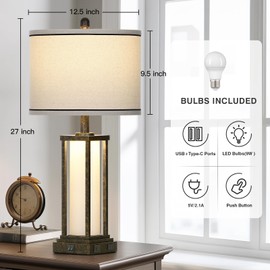 Cinkeda 27" Tall Vintage Table Lamp with USB C+A & Outlet,Bronze Industrial End Table Lamp for Living Room,Farmhouse Rustic Bedside Lamp with Frosted Glass Night Light for Bedroom Nightstand,Bronze-1P