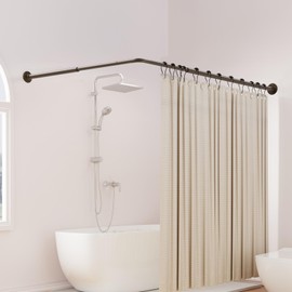 Curved Shower Curtain Rod, L Shaped Corner Shower Rod [24"-37"] x [24"-37"] Adjustable, Stainless Steel 90 Degree Angled Shower Curtain Rod with 12 Hooks & Ceiling Support, No Sagging & Rustproof