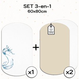 2 x Fitted Sheets 100% Cotton + 1 x Mattress Protector 100% Waterproof Material - Set 3X - Compatible Iora, Oeko-Tex (White/Vanilla, 60 x 80 cm)