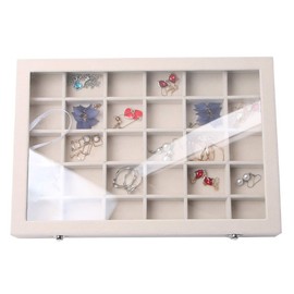 Stratalife Velvet Clear Lid 30 Grid Jewelry Box Organizer Showcase Display Case Storage Ring Earrings(Beige)