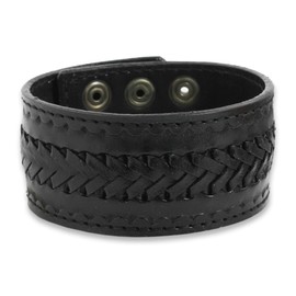 NOVICA Handmade Men's Leather Wristband Bracelet Brass No Stone Thailand [8.5 in min L x 9.75 in max L x 1.5 in W] 'Rugged Black'