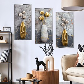 Lekabee Flower Wall Decals for Living Room,3pcs Vases Flowers Wall Stickers Decals for Living Room Bedroom Kitchen Decor,3D Flower Stickers