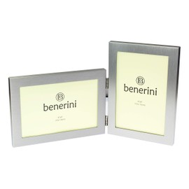 benerini Brushed Aluminium Satin Silver Colour Twin 2 Picture Double Folding Photo Frame Gift - Takes 2 Standard 6 x 4 inch photographs (1 Landscape and 1 Portrait Style)