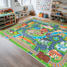 plumlik Car Rug Play Mat for Kids Toy Cars, Road Traffic Playmat for Kid Bedroom, Non-Slip Machine Washable Town City Race Track Carpet for Learn and Have Fun 7'x9'/ 84"x108"