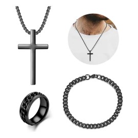 Collar Cruz Y Pulsera Cubana Anillo Hombre Acero Inoxidable