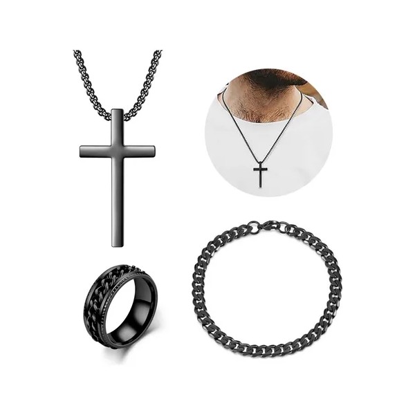 Collar Cruz Y Pulsera Cubana Anillo Hombre Acero Inoxidable