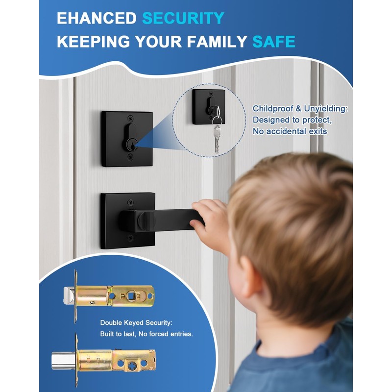 KNOBWELL 3 Pack Double Sided Keyed Entry Door Handles, Matte