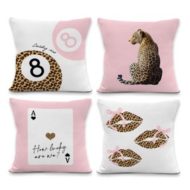 Yorhifa Trendy Preppy Pink Cheetah Throw Pillow Covers 18x18inches Set of 4, Funky Leopard Decorative Pillowcase Cases, Coquette Lips Throw Pillow Covers for Girly Room College Dorm Apartment Decor