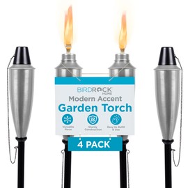 BIRDROCK HOME Outdoor Torches - Durable Construction, Modern Design, Weather Resistant, Citronella Oil Compatible, Ideal for Backyards, Patios, Pathways - Garden Silver, 4 Pack