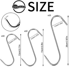 YOUYIKE Pack of 30 S Hooks, Stainless Steel, 13/15/20 cm Butcher Hooks, Sharp Butcher Hooks, for Bathroom, Office, Meat Smoking, Meat Processing, BBQ for Meat Under 30 kg