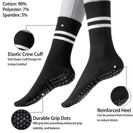 PUJANE 5 Pairs Grip Pilates Socks for Women, Non Slip Yoga Athletic Long Crew Socks for Barre Ballet Gym Workout (Black)