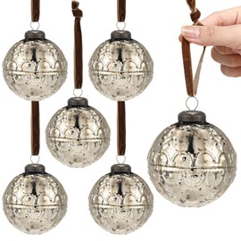 Threan 6 Pcs Large Vintage Mercury Glass Christmas Ornaments 3.15" Hanging Christmas Ball Ornaments Antique Embossed Ball Decorations for Xmas Tree Winter Holiday Decor Gifts (Champagne Gold,Etched)