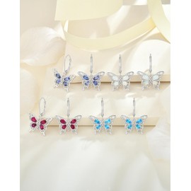 Guesma Red Ruby Butterfly Dangle Earrings Women - 925 Sterling Silver Leverback Earrings 4 Teardrop Created Birthstone Pear Drop Earring - Butterfly Jewelry for Her