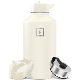 IRON °FLASK Camping & Hiking Hydration Flask with Straw, Wide Mouth Insulated Stainless Steel Sports Water Bottle - 64 oz Cashmere Cream