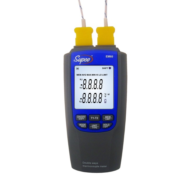 Supco EM60 Dual-Channel Differential Digital Thermocouple Thermometer with Probes, -200 to 1300 Degrees C, -328 to 2372 Degrees F, Accuracy of + or - 0.1% of reading + 0.7 Degree C