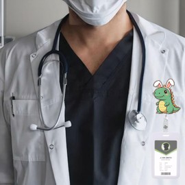 Easter Dinosaur with Rabbit Ears Retractable Badge Reel ID Tag, with Alligator Clip,24in Nylon Cord, Nurse Office Employee Name Badge