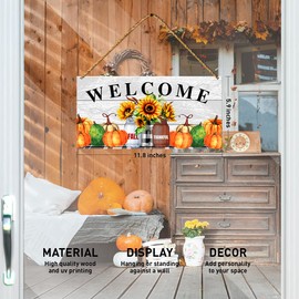 Fall Welcome Wood Sign Decor, Fall Pumpkin Wall Decor for Home Porch Farmhouse Living Room Autumn Front Door Decorations Sunflower Thanksgiving Harvest Hanging Sign Decor, Fall Thankful