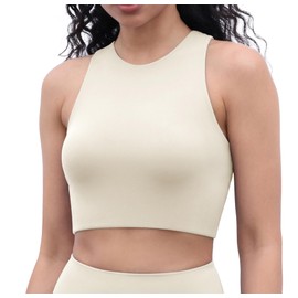 ODODOS Racerback Tank Bra for Women High Neck Non Padded Medium Support Sports Bra Workout Yoga Crop Tops, Oat Milk, Small