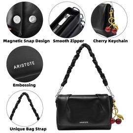 ARISTOTE Shoulder Bags Purses for Women, Hobo Tote Bag Crossbody Wallet with 2 Removable Straps 1 Cherry for Work Shopping Travel（Black）