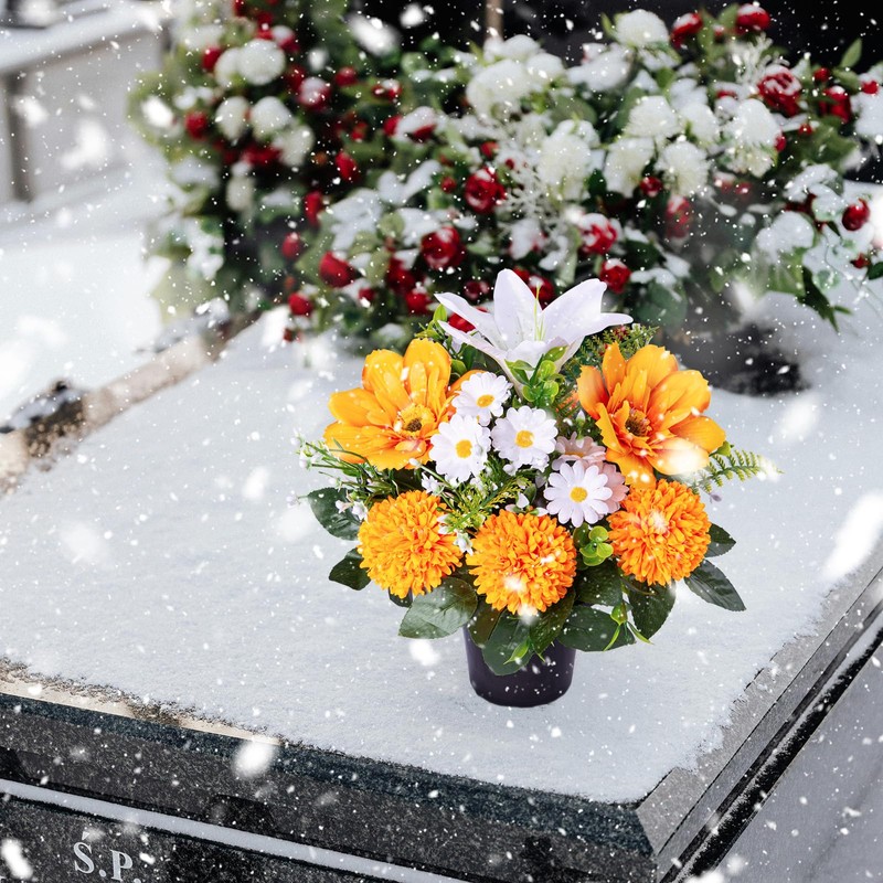 Artificial Cemetery Flowers in Pots, Artificial Chrysanthemums Lily Daisy with