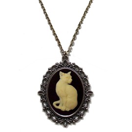 Victorian Vault Cat Cameo Steampunk Gothic Pendant Necklace on Chain