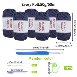FOGAWA Chunky Yarn for Crochet 6x50g Easy Crochet Yarn for Beginners Cotton Yarn Denim Blue Thick Wool for Crafts Amigurumi with 4mm Crochet Hook 4 Plastic Needles 15 Stitch Markers