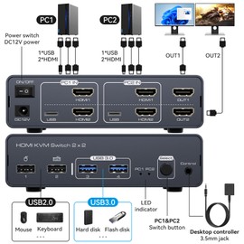 VEDINDUST KVM Switch 2 Monitors 2 Computers 8K60HZ 4K120HZ Dual Monitor KVM Switches HDMI 2 Port Share 4 USB Devices with Desktop Controller
