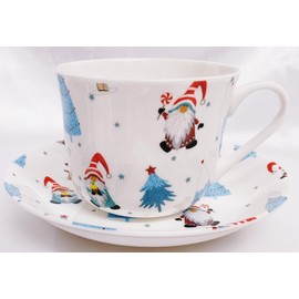 Rainbow Decors North Pole Gnomes Cup & Saucer Jumbo 425 ml 15oz Breakfast Fine Bone China Large Gonks Hand Decorated UK