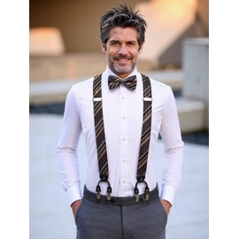 Hi-Tie Black and Gold Mens Stripe Suspender and Pre-Tied Bow Tie Set with Pocket Square Adjustable 6 Clips Y Shape Suspender for Wedding Prom
