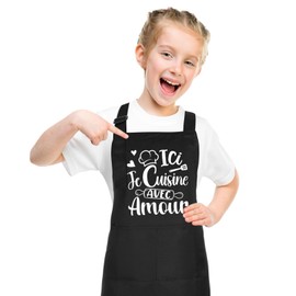 Halinuia Children's Waterproof Kitchen Apron, Adjustable Ici Je Cuisine Avec Amour Apron with Pocket, Children's Painting Apron, Kitchen Garden Aprons for Boys or Girls Cooking, Black, 44 x 62 cm