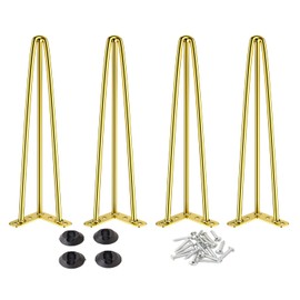 Osring 28 Inch Hairpin Table Legs - 1/2" Dia 3-Rods, Metal Furniture Legs for Coffee and Console Tables, Mid-Century Gold With Floor Protector Feet, 4 Pack