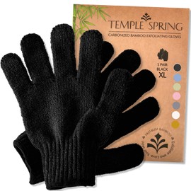 Temple Spring Exfoliating Gloves - Rayon Bamboo Bath/Shower Gloves, Bath Gloves for Shower Exfoliating and Ingrown Hair/Dead Skin Remover - Exfoliator Mitt Scrub Gloves - XL BLACK