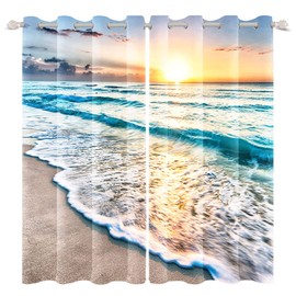 Renaiss Sea Sand Beach Window Curtains Sunset Clouds Blue Seashore Coastal Ocean Printing Window Treatment Darkening Privacy Blackout Durable Drapes for Bedroom Living Room Decor 42x63 Inch x 2 Panels
