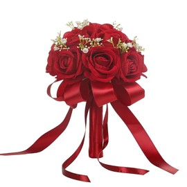 Wedding Bouquet Bride Flower Bridal Bouquets, Ribbon Artificial Rose Wedding Bouquets for Bride Bridesmaid Bouquet Dark Red Rose Bouquet Bride Bridesmaid Holding Flower for Wedding Decor