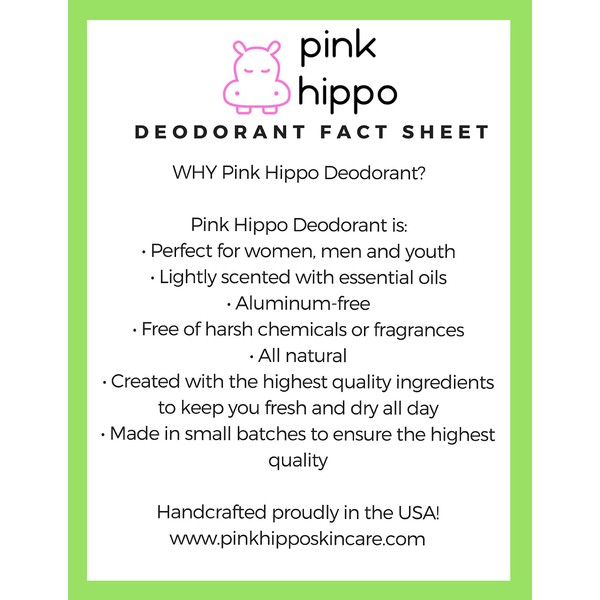 Pink Hippo All Natural Deodorant- Original Lemongrass Organic, Aluminum-Free, Phthalate- Free, Paraben- Free 3.3oz