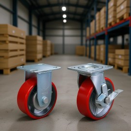 Polyurethane Caster Wheels 4 Inch Red Side Brake Ball Bearing Industrial Machine Use 1000LBS Capacity Plate 9595 mmNumber of Sets: 4, Wheel Diameter: 6 inch